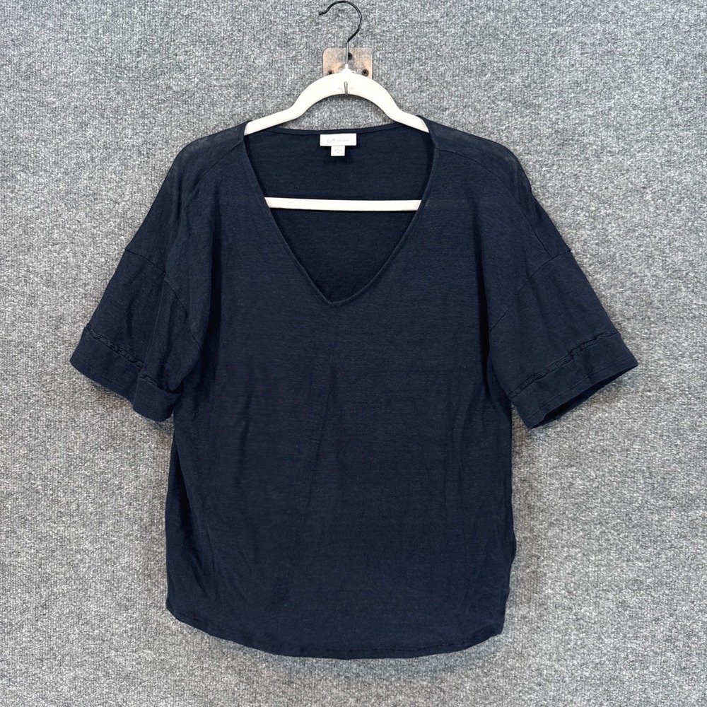 J. Jill Shirt Womens Medium Navy Blue V-Neck Short Sleeve Casual Tee Love Linen